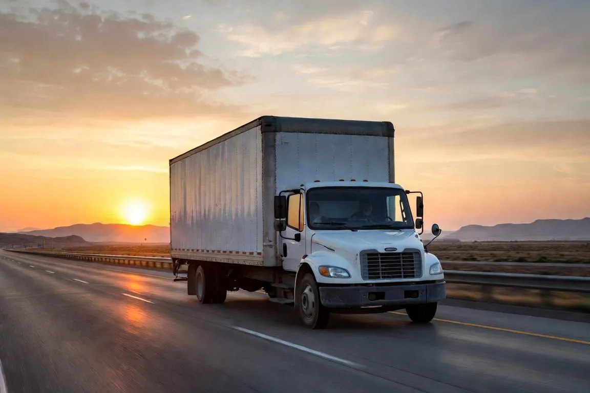A moving truck rolls down an open interstate at dawn with golden sun over distant hills
