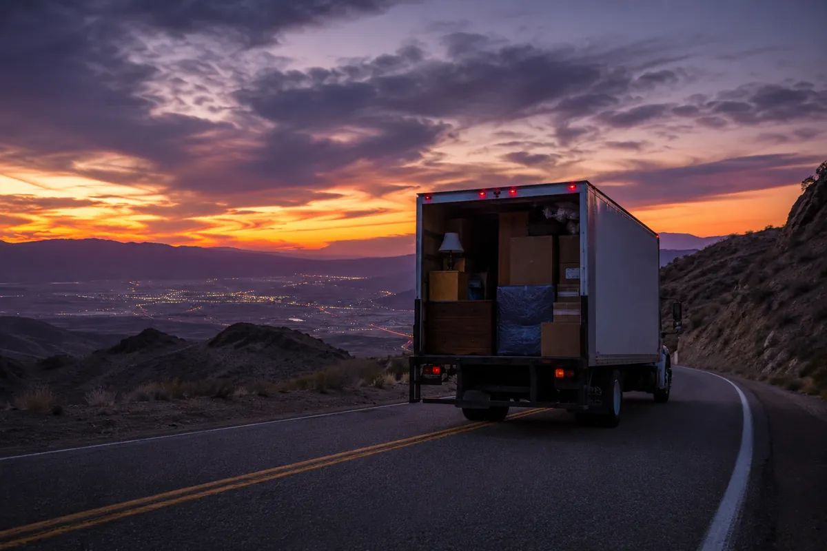 A loaded moving truck crosses a high desert mountain pass at dusk with town lights in the valley below