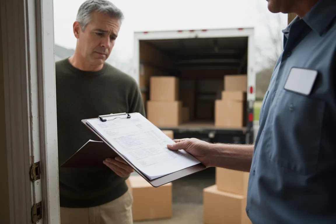 A homeowner in a doorway reviewing a mover's clipboard invoice while a uniformed mover stands beside a loaded box truck