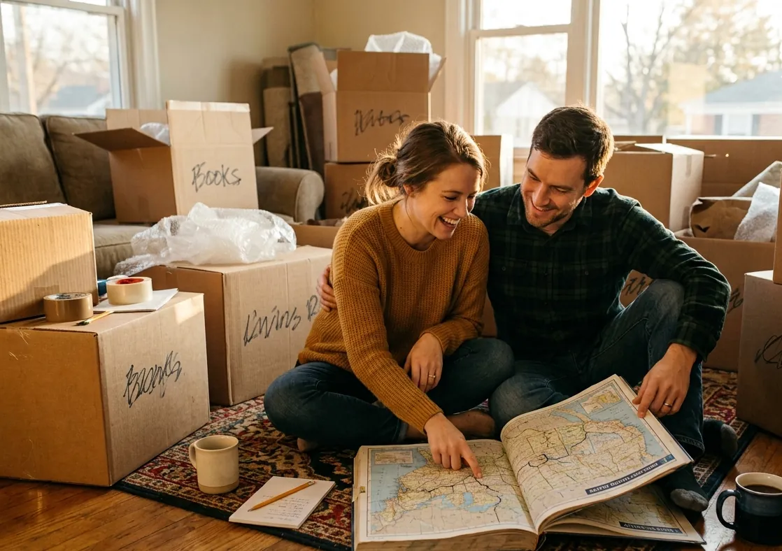 A couple studies a road atlas on the living room floor surrounded by moving boxes
