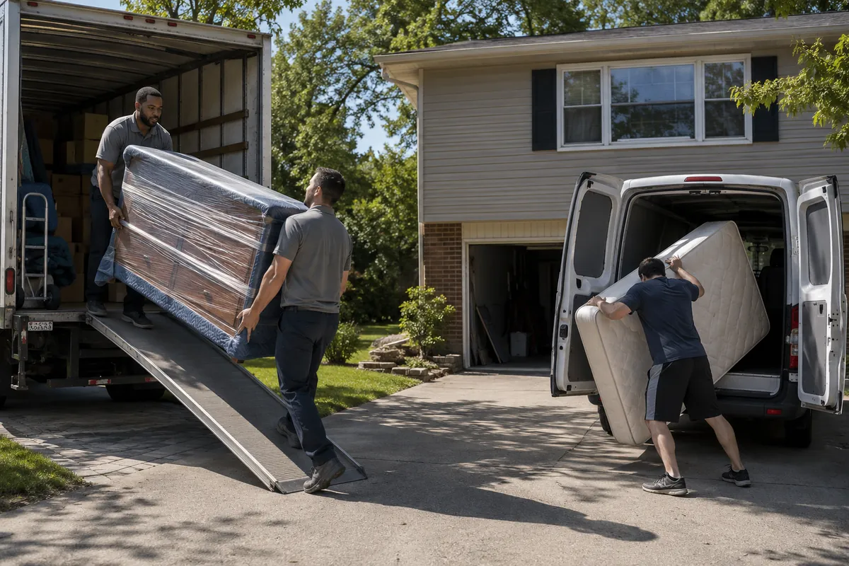 Professional movers roll a wrapped dresser down a truck ramp while a DIY mover wrestles a mattress into a rental van