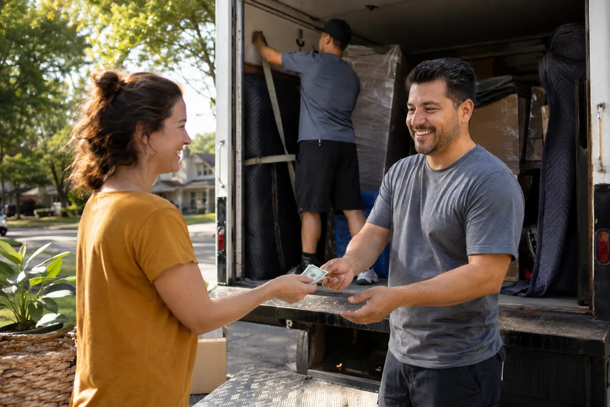 A homeowner hands a cash tip to a mover at the truck ramp at the end of moving day