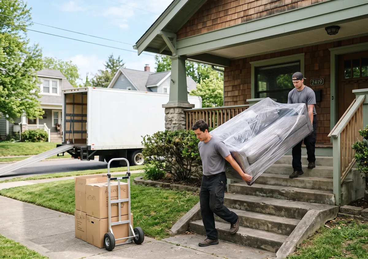 Two movers carry a wrapped sofa down the front steps toward a truck on local moving day