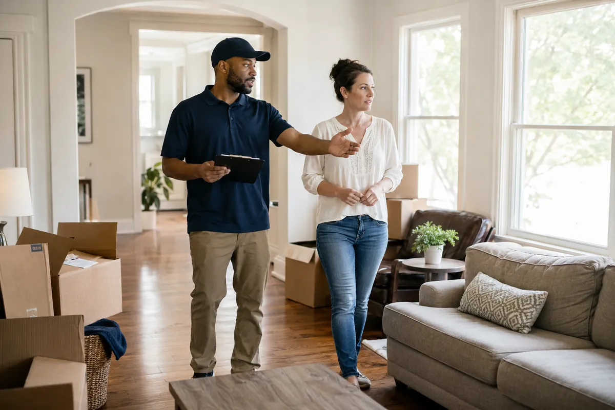 A moving company estimator with a clipboard walks a homeowner through an in-home quote