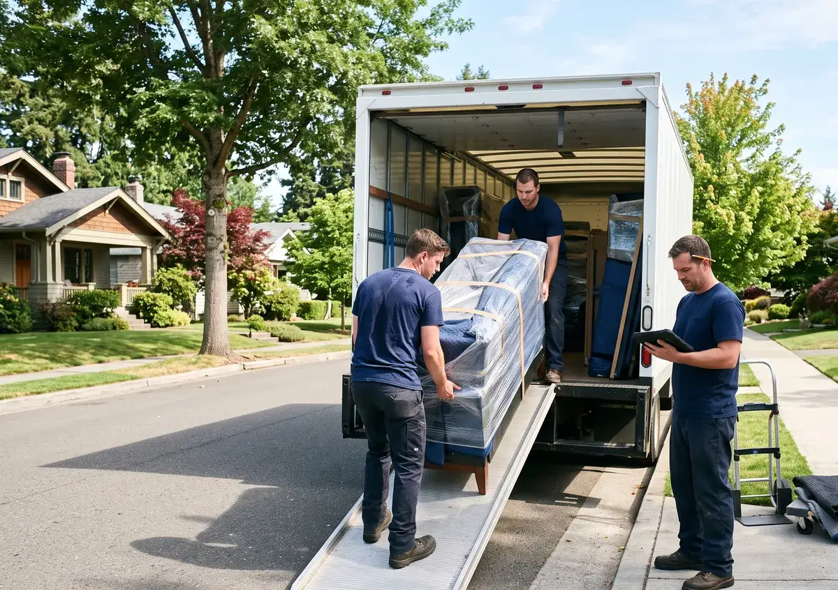 A three-person moving crew loads wrapped furniture into a box truck at a suburban curb
