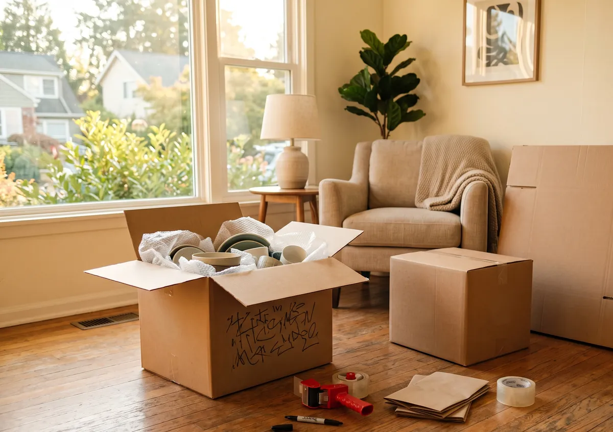Three sizes of moving boxes with a tape gun and packing paper staged on a living room floor