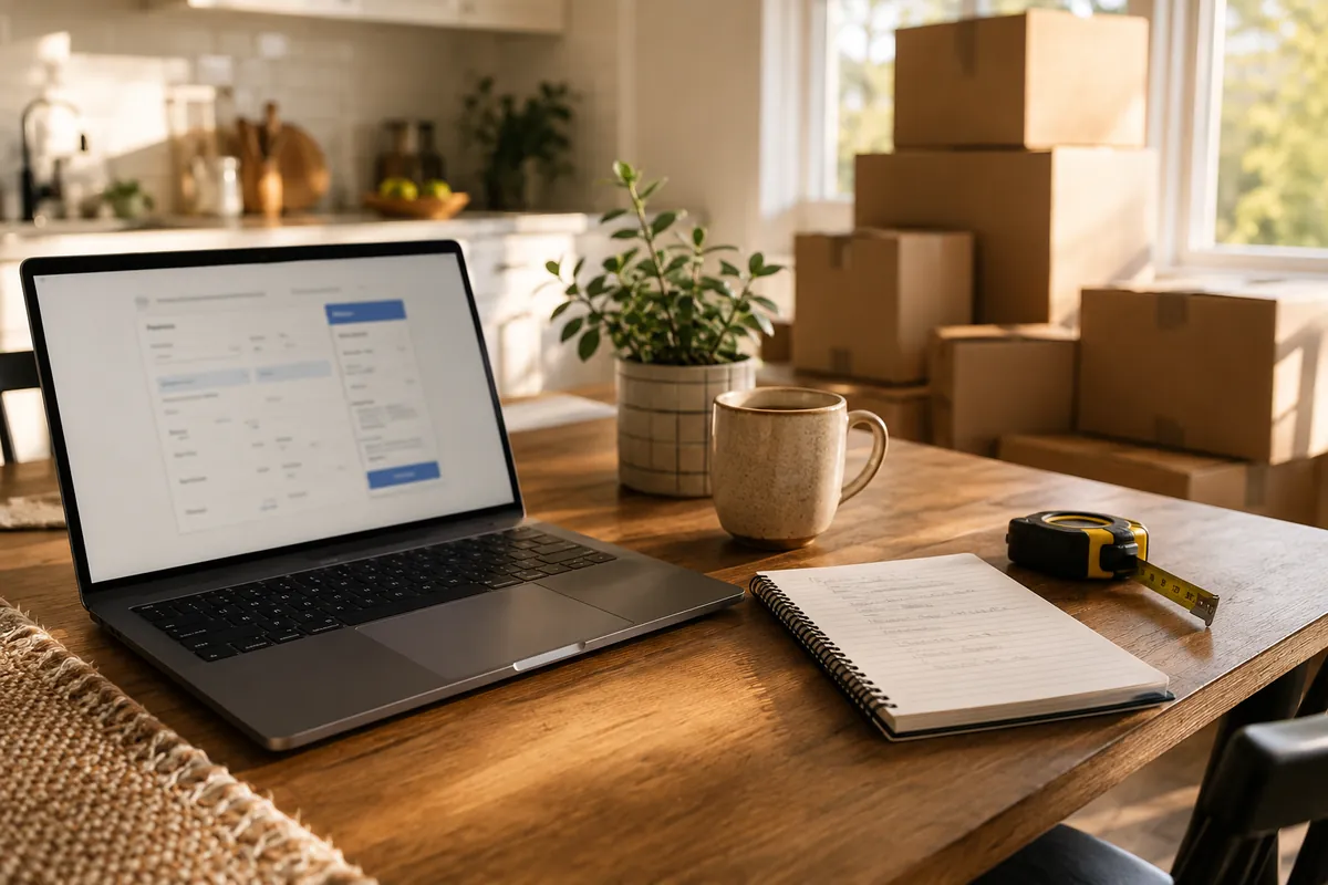 A laptop cost calculator, notepad list, and tape measure on a kitchen table with moving boxes behind