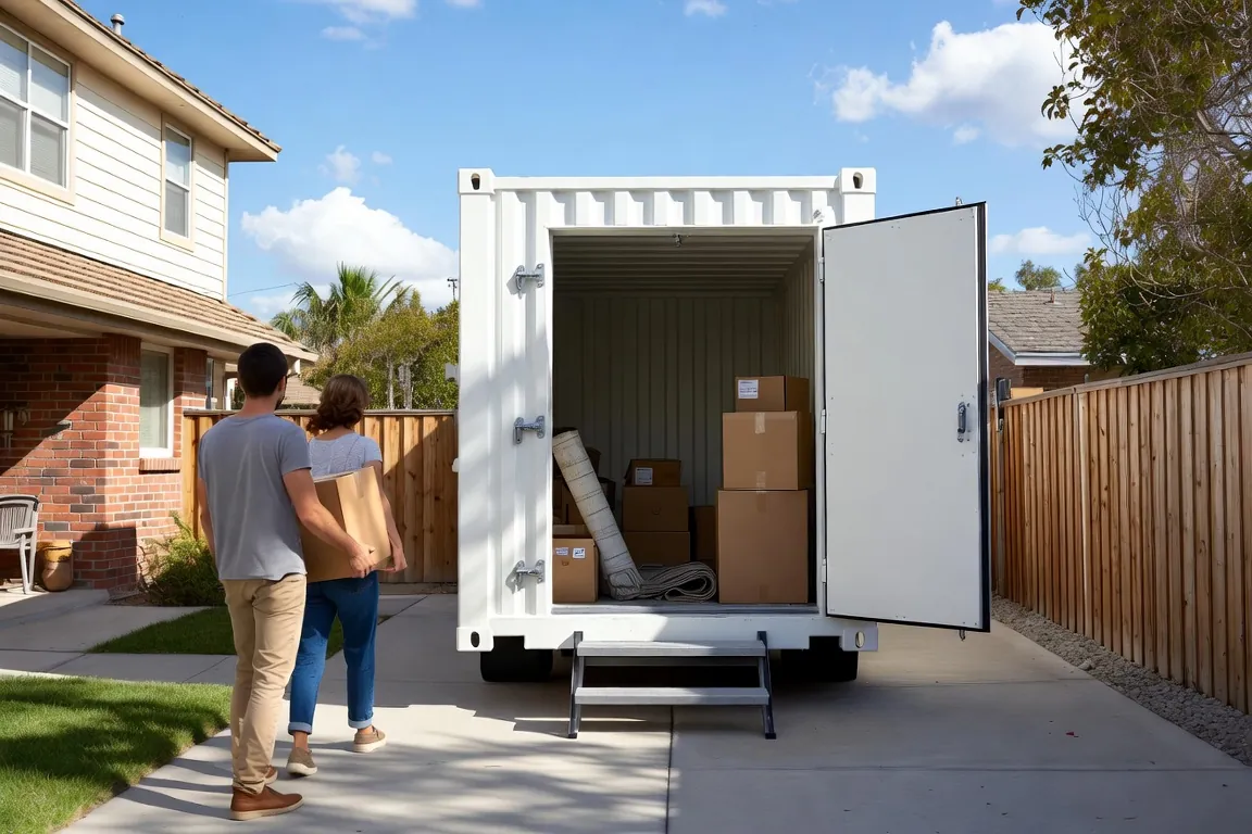 A couple carries a box toward a white portable moving container in a suburban driveway