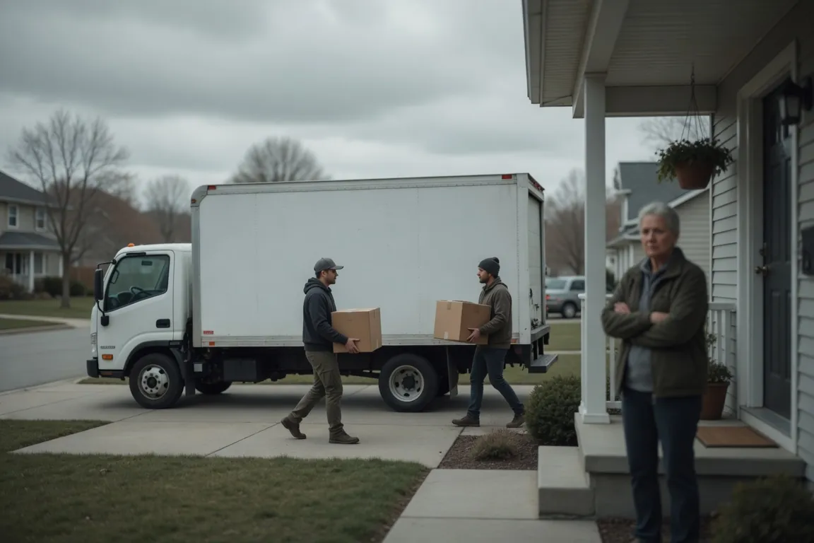 A plain unmarked white box truck in a suburban driveway on moving day as a homeowner watches the crew warily from the porch